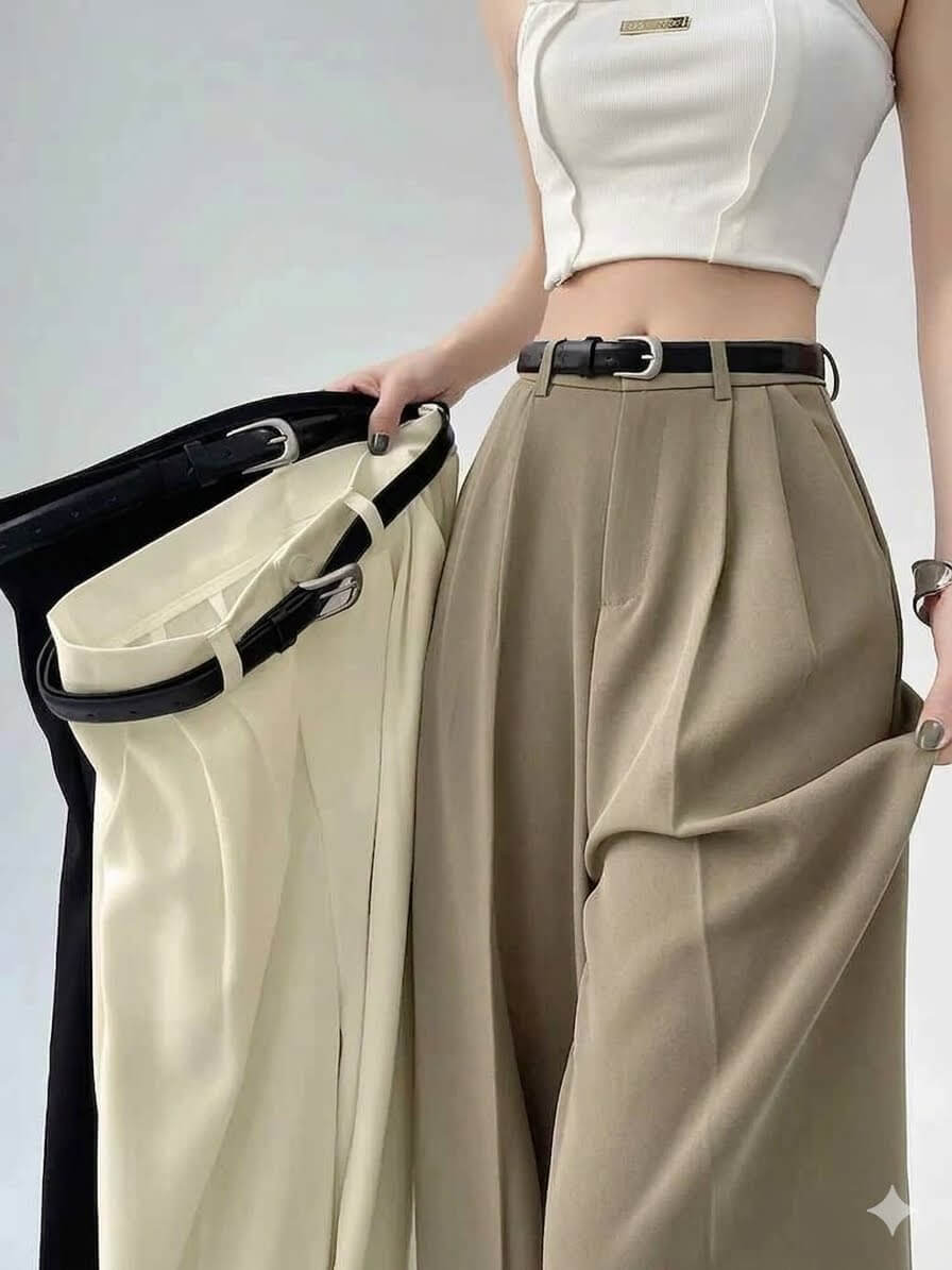 High-Waisted Wide Leg Suit Pants - Women's Elegant Office Trousers with Belt, Chic Black Straight Slacks, Sophisticated Workwear 2026