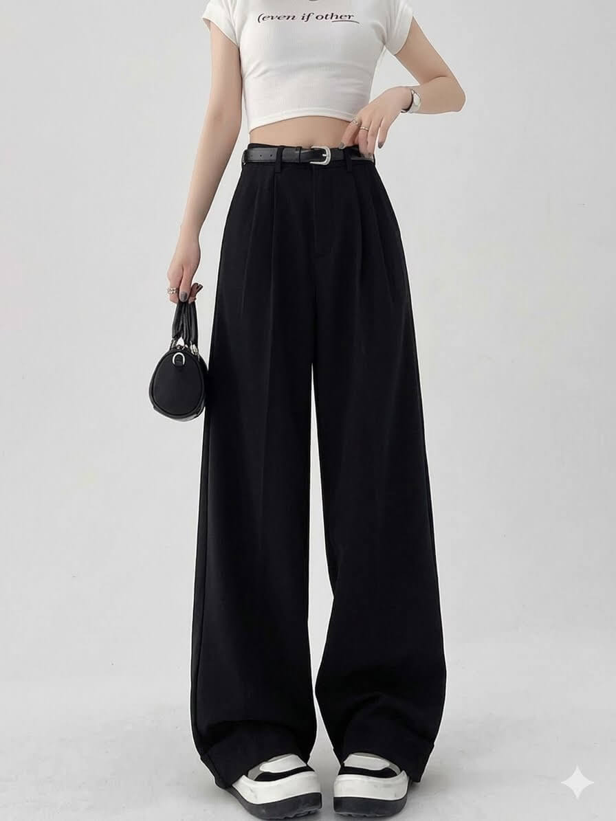 High-Waisted Wide Leg Suit Pants - Women's Elegant Office Trousers with Belt, Chic Black Straight Slacks, Sophisticated Workwear 2026