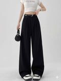 High-Waisted Wide Leg Suit Pants - Women's Elegant Office Trousers with Belt, Chic Black Straight Slacks, Sophisticated Workwear 2026