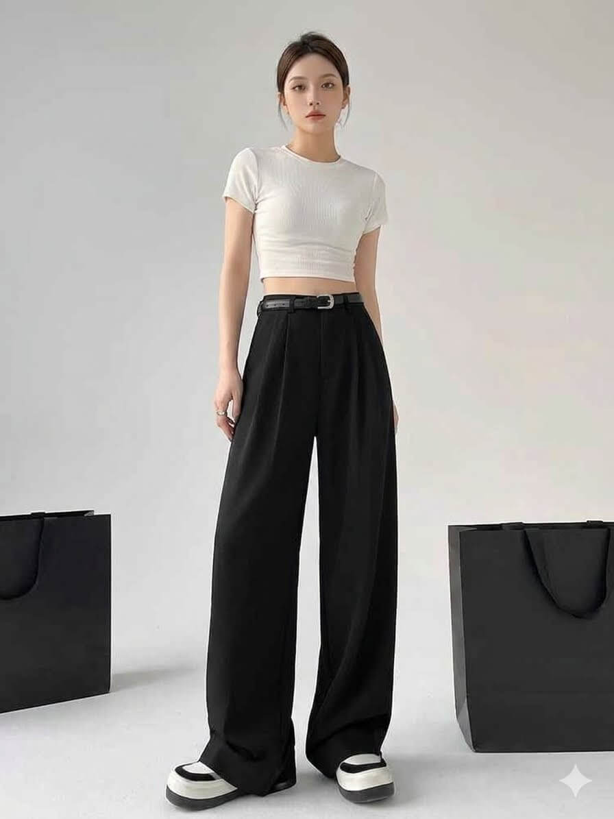 High-Waisted Wide Leg Suit Pants - Women's Elegant Office Trousers with Belt, Chic Black Straight Slacks, Sophisticated Workwear 2026