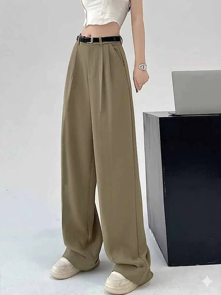 High-Waisted Wide Leg Suit Pants - Women's Elegant Office Trousers with Belt, Chic Black Straight Slacks, Sophisticated Workwear 2026