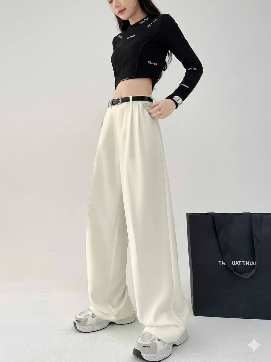 High-Waisted Wide Leg Suit Pants - Women's Elegant Office Trousers with Belt, Chic Black Straight Slacks, Sophisticated Workwear 2026