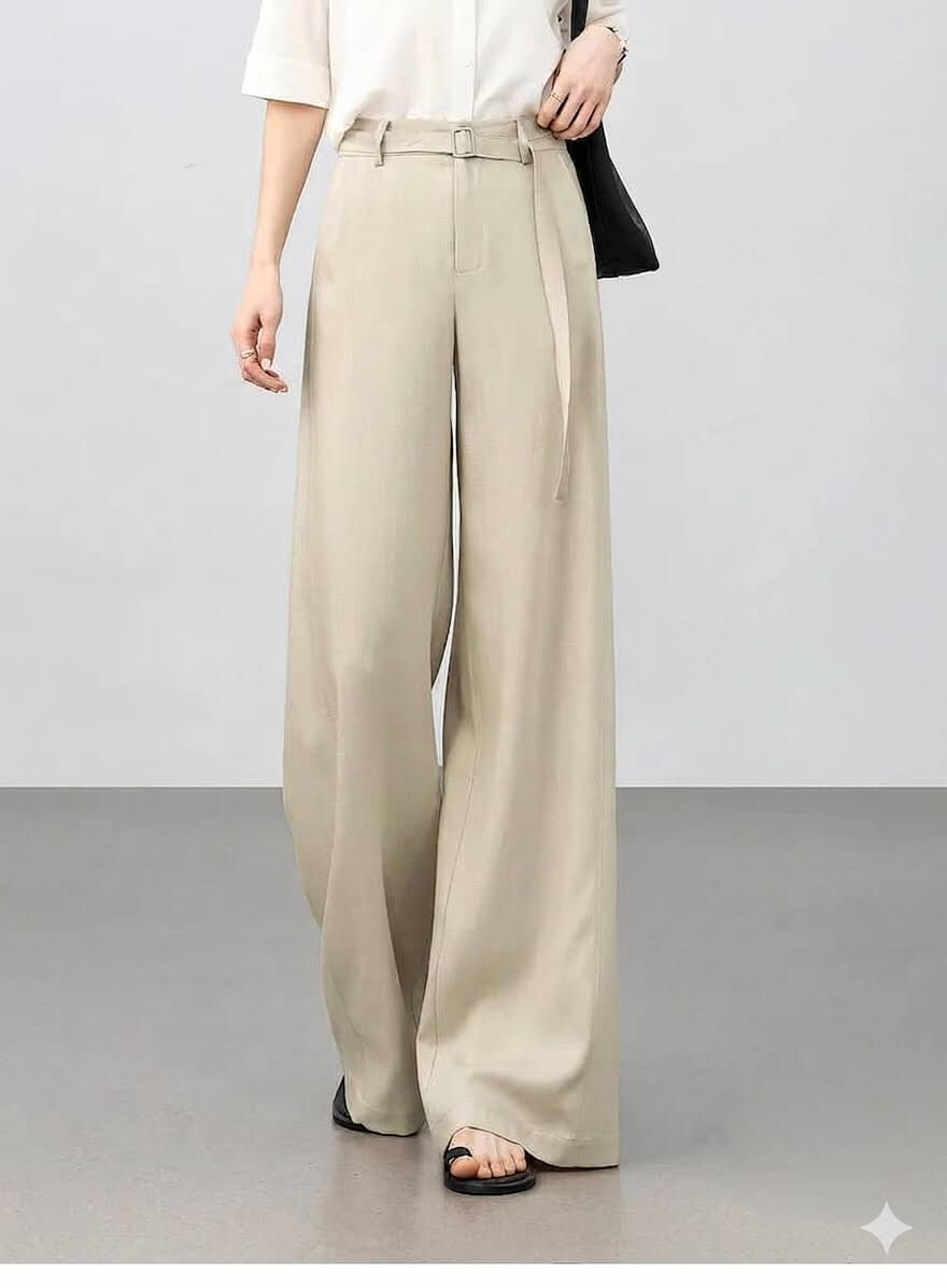 Premium Lyocell Wide-Leg Pants - Women's Breathable Summer Business Trousers with Belt, Solid Drapey Full-Length Slacks