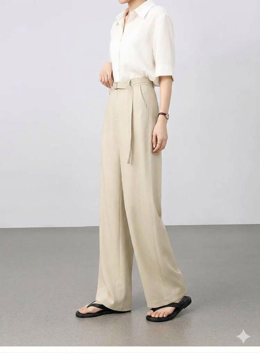 Premium Lyocell Wide-Leg Pants - Women's Breathable Summer Business Trousers with Belt, Solid Drapey Full-Length Slacks