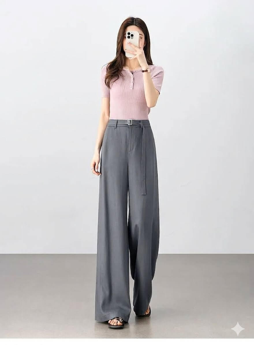 Premium Lyocell Wide-Leg Pants - Women's Breathable Summer Business Trousers with Belt, Solid Drapey Full-Length Slacks