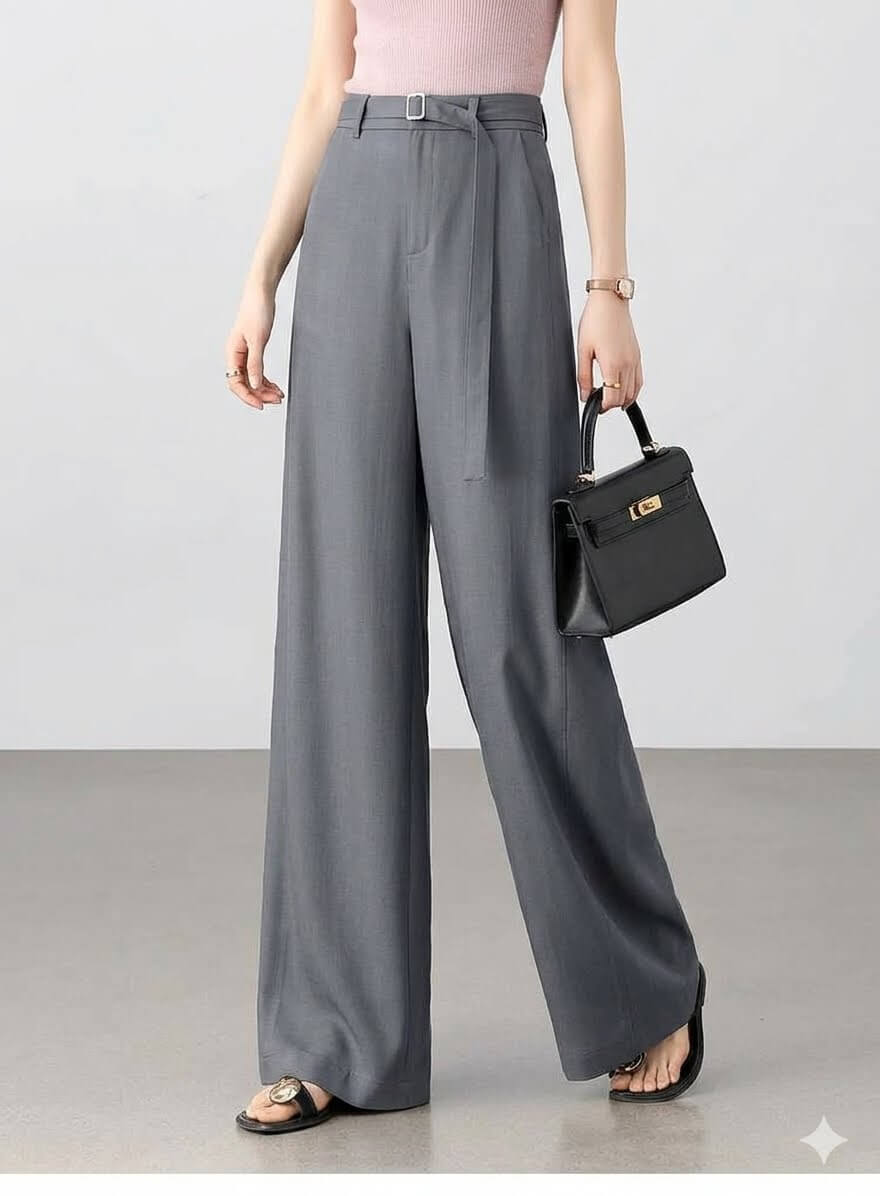 Premium Lyocell Wide-Leg Pants - Women's Breathable Summer Business Trousers with Belt, Solid Drapey Full-Length Slacks