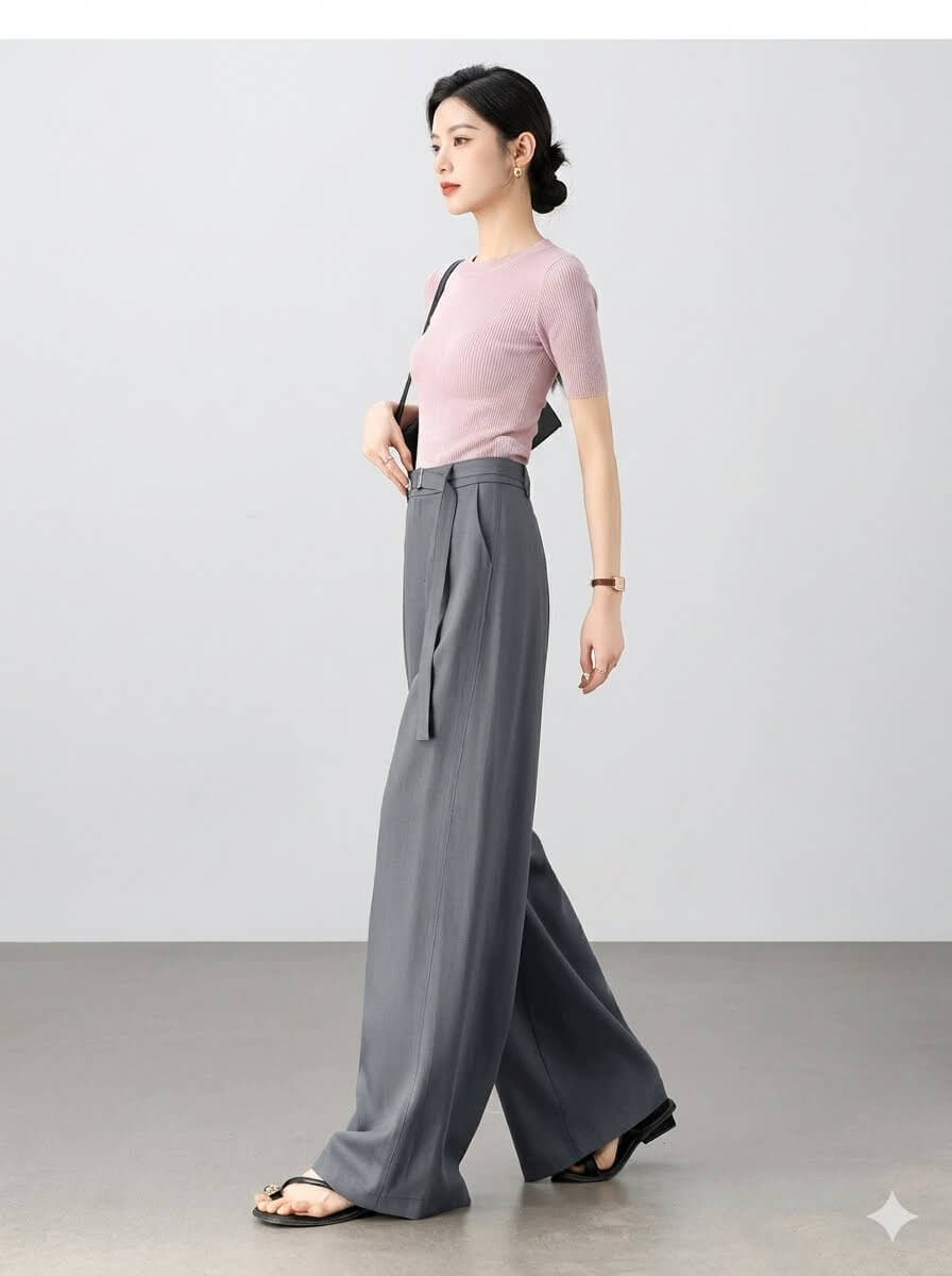 Premium Lyocell Wide-Leg Pants - Women's Breathable Summer Business Trousers with Belt, Solid Drapey Full-Length Slacks