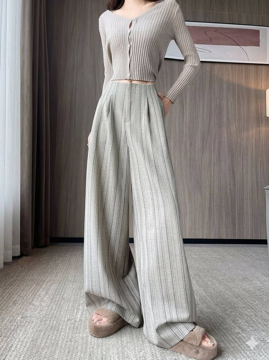 Women's Striped Wide Leg Pants Korean Style High Waisted Loose Casual Suit Trousers Draped Straight Slacks Streetwear Spring Fall