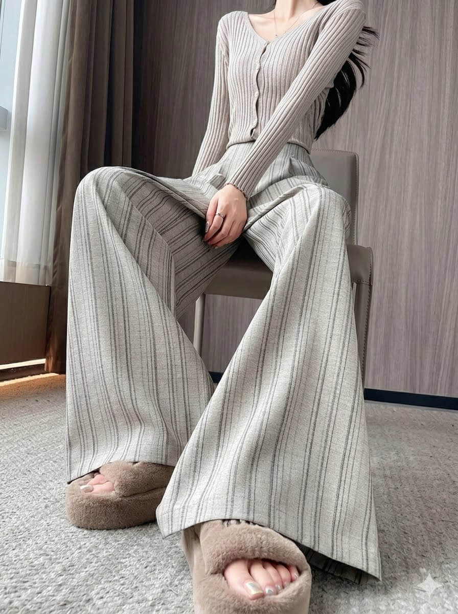 Women's Striped Wide Leg Pants Korean Style High Waisted Loose Casual Suit Trousers Draped Straight Slacks Streetwear Spring Fall