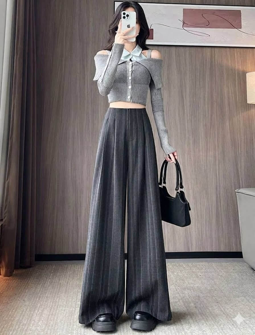 Women's Striped Wide Leg Pants Korean Style High Waisted Loose Casual Suit Trousers Draped Straight Slacks Streetwear Spring Fall