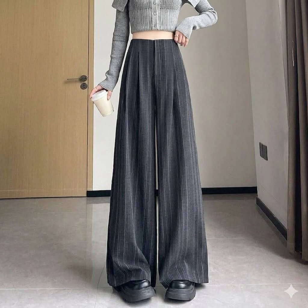 Women's Striped Wide Leg Pants Korean Style High Waisted Loose Casual Suit Trousers Draped Straight Slacks Streetwear Spring Fall