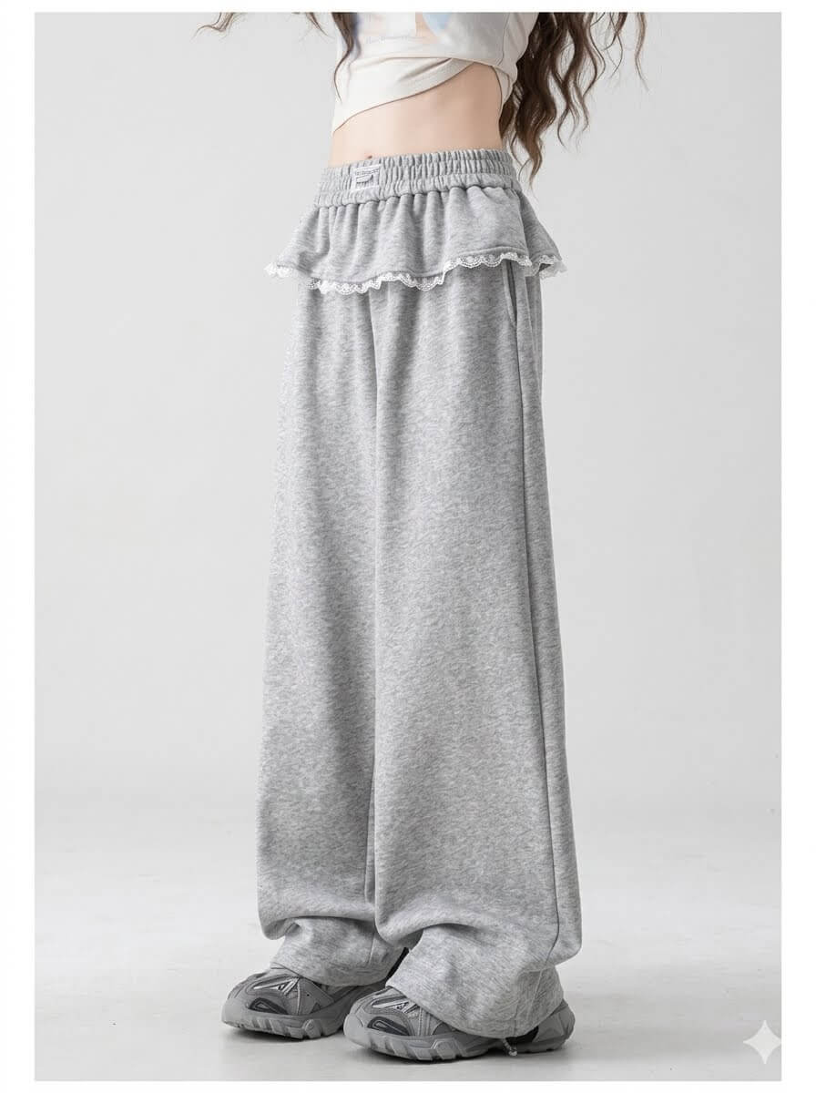Japanese Style Sports High-Waist Faux Two-Piece Patchwork Sweatpants for Women – Autumn Loose Casual Wide-Leg Pants with Ruffle Detail