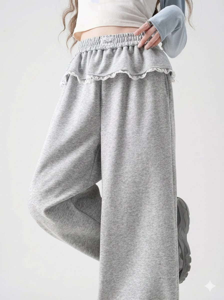 Japanese Style Sports High-Waist Faux Two-Piece Patchwork Sweatpants for Women – Autumn Loose Casual Wide-Leg Pants with Ruffle Detail