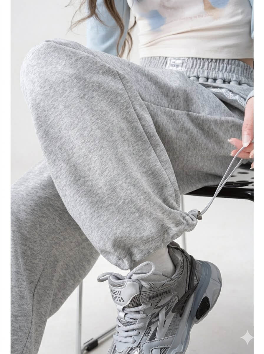 Japanese Style Sports High-Waist Faux Two-Piece Patchwork Sweatpants for Women – Autumn Loose Casual Wide-Leg Pants with Ruffle Detail