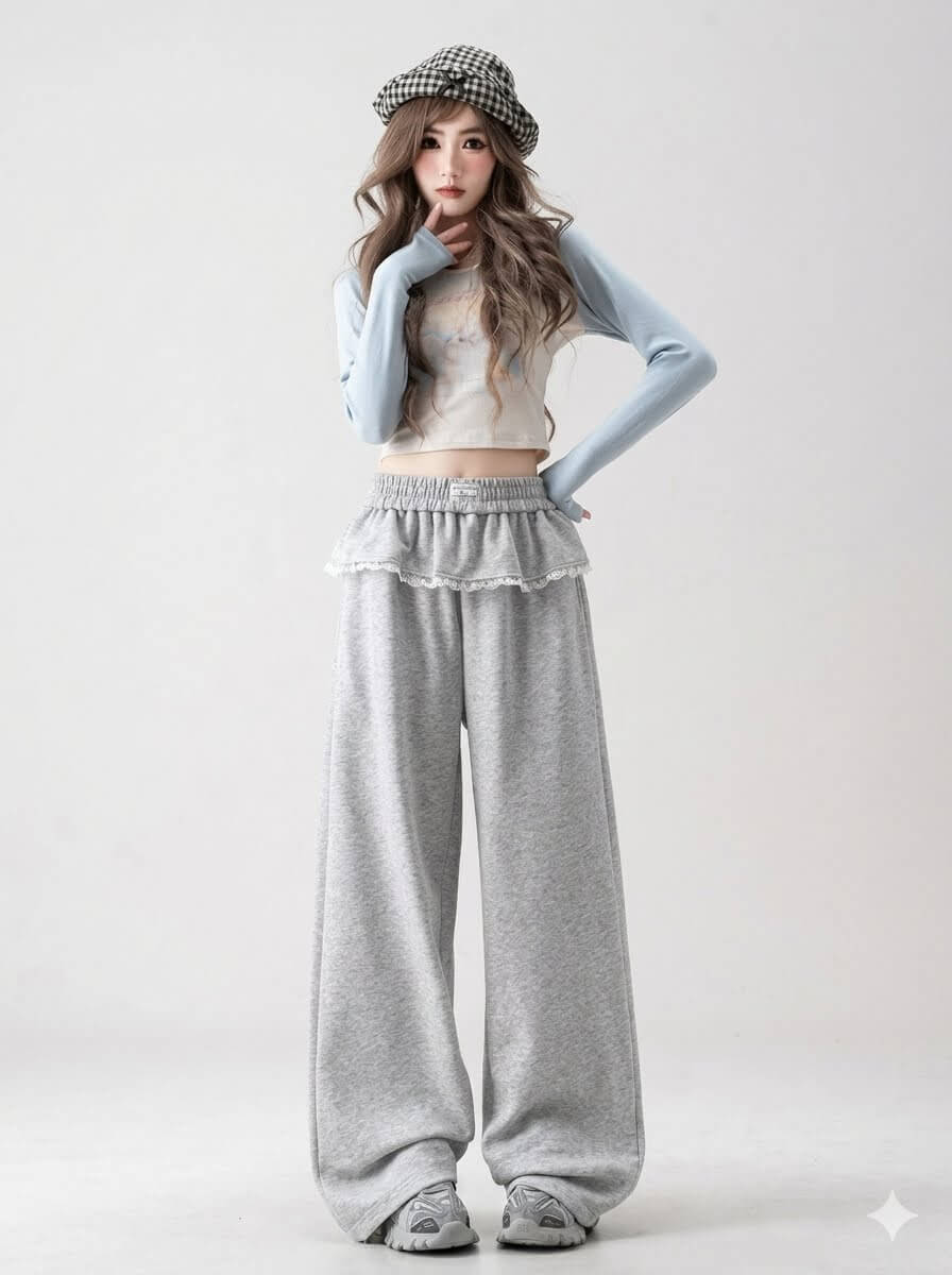 Japanese Style Sports High-Waist Faux Two-Piece Patchwork Sweatpants for Women – Autumn Loose Casual Wide-Leg Pants with Ruffle Detail