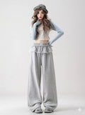 Japanese Style Sports High-Waist Faux Two-Piece Patchwork Sweatpants for Women – Autumn Loose Casual Wide-Leg Pants with Ruffle Detail