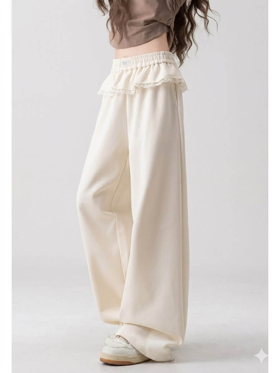 Japanese Style Sports High-Waist Faux Two-Piece Patchwork Sweatpants for Women – Autumn Loose Casual Wide-Leg Pants with Ruffle Detail