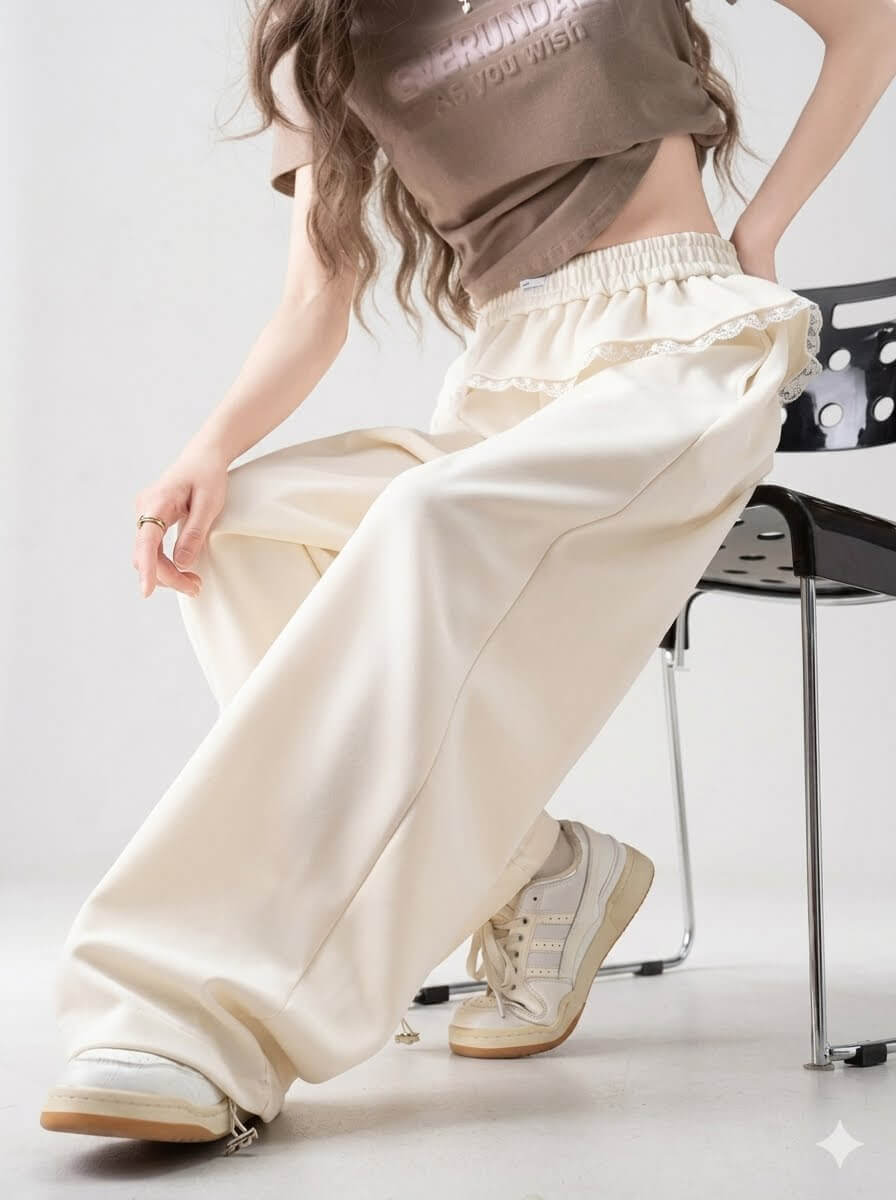 Japanese Style Sports High-Waist Faux Two-Piece Patchwork Sweatpants for Women – Autumn Loose Casual Wide-Leg Pants with Ruffle Detail