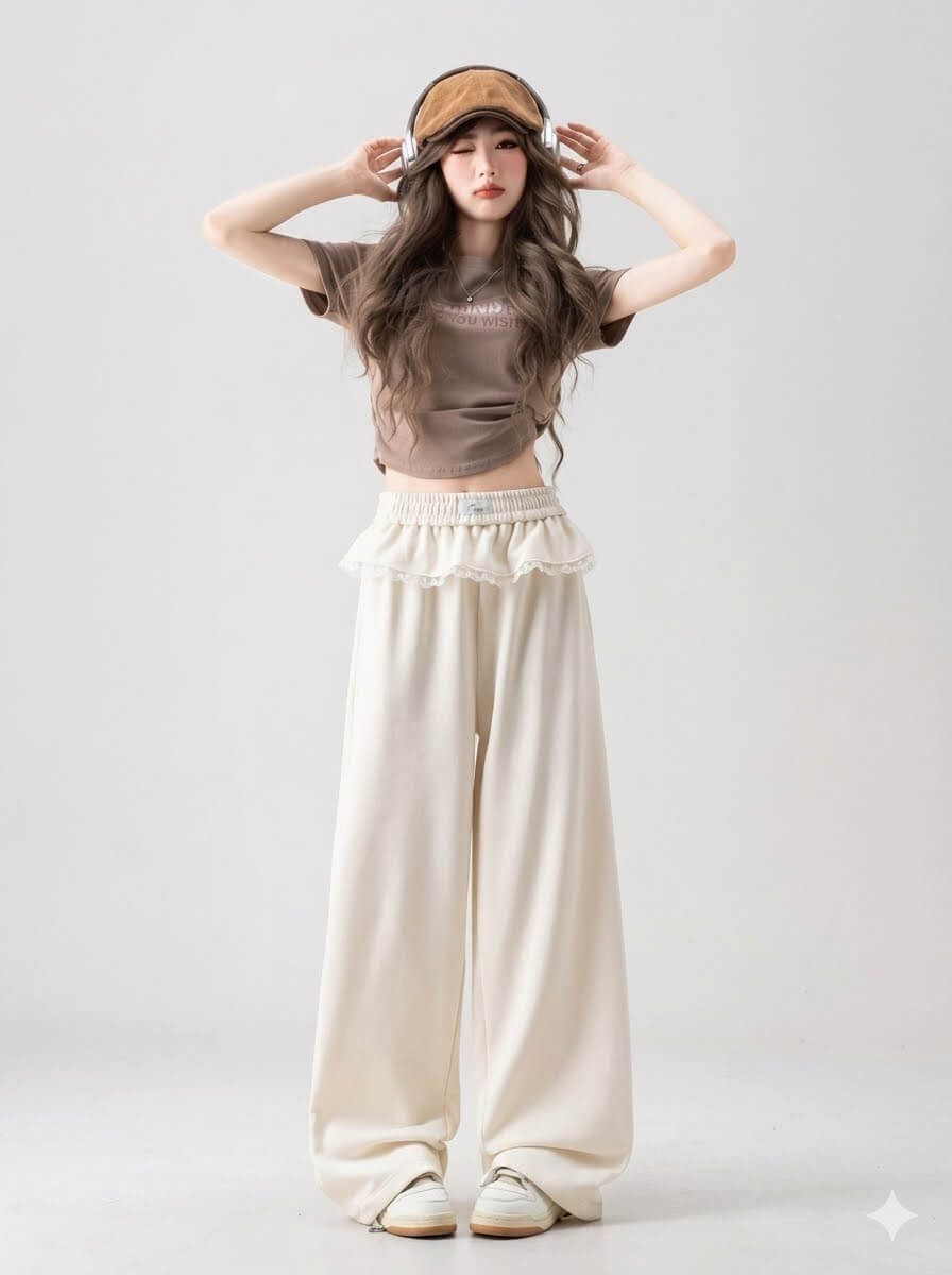 Japanese Style Sports High-Waist Faux Two-Piece Patchwork Sweatpants for Women – Autumn Loose Casual Wide-Leg Pants with Ruffle Detail