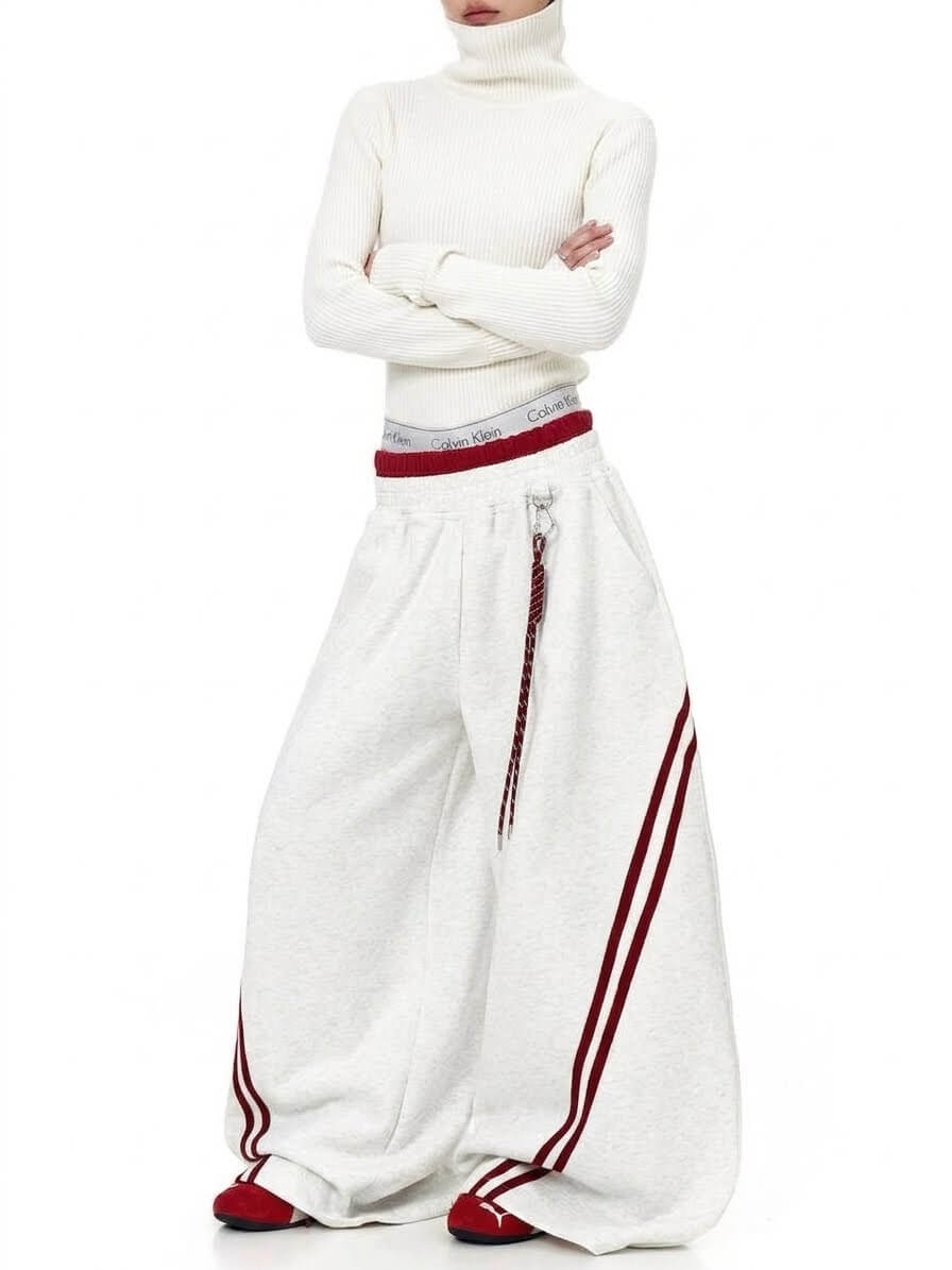 American Vintage Heavyweight Striped Colorblock Faux Two-Piece Dual-Waist Casual Pants – Unisex High-Street Blade-Cut Jazz Wide-Leg Trousers