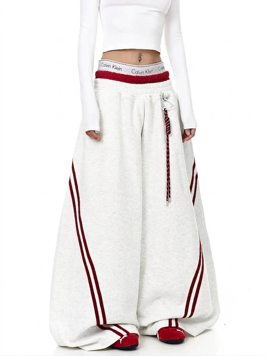 American Vintage Heavyweight Striped Colorblock Faux Two-Piece Dual-Waist Casual Pants – Unisex High-Street Blade-Cut Jazz Wide-Leg Trousers