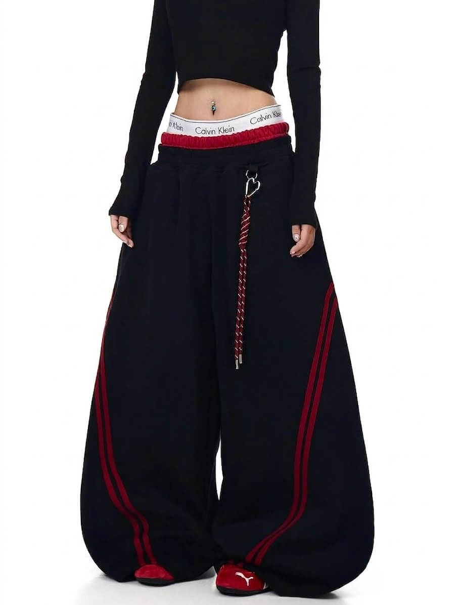 American Vintage Heavyweight Striped Colorblock Faux Two-Piece Dual-Waist Casual Pants – Unisex High-Street Blade-Cut Jazz Wide-Leg Trousers