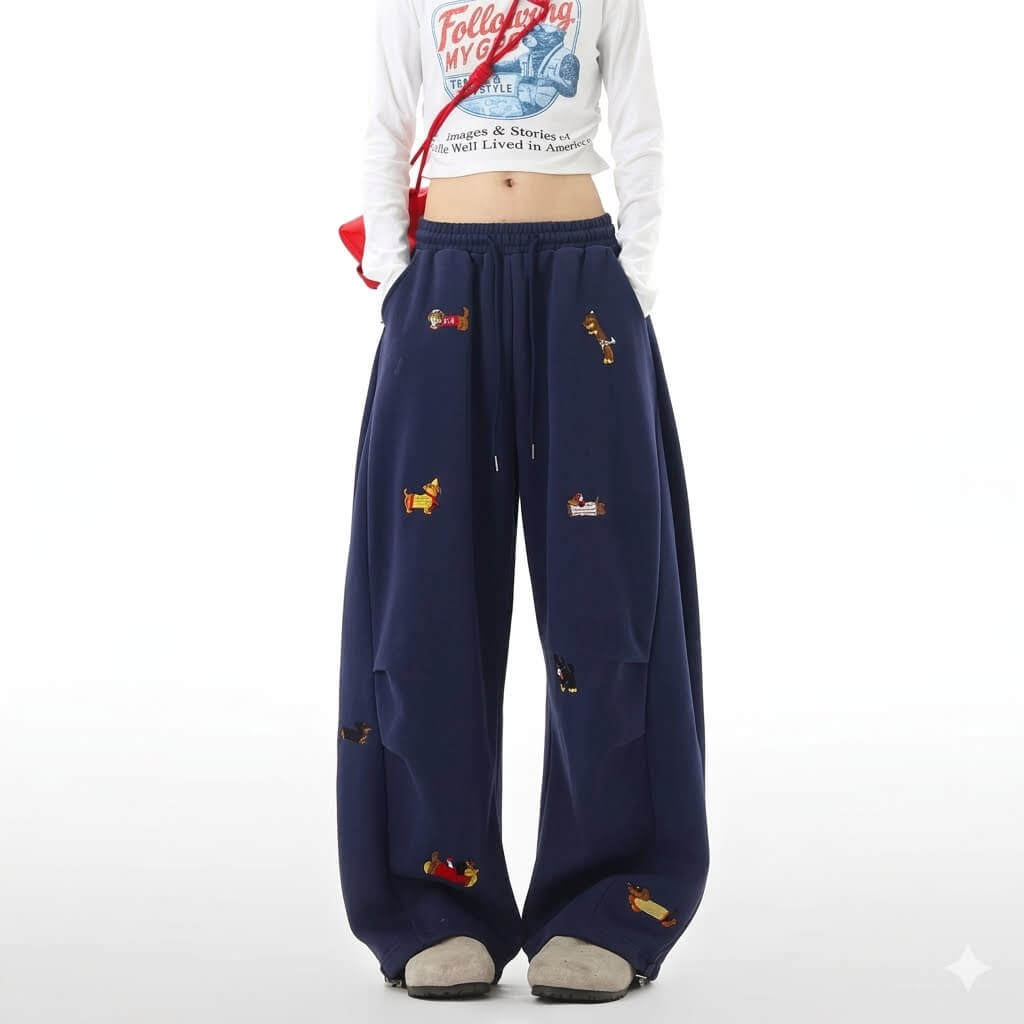 Retro Fashion Sausage Dog Embroidery Sweatpants Women Spring Casual Wide Leg Pants Japanese Style Loose Fit Straight Joggers Plus Size Couple Long Trousers