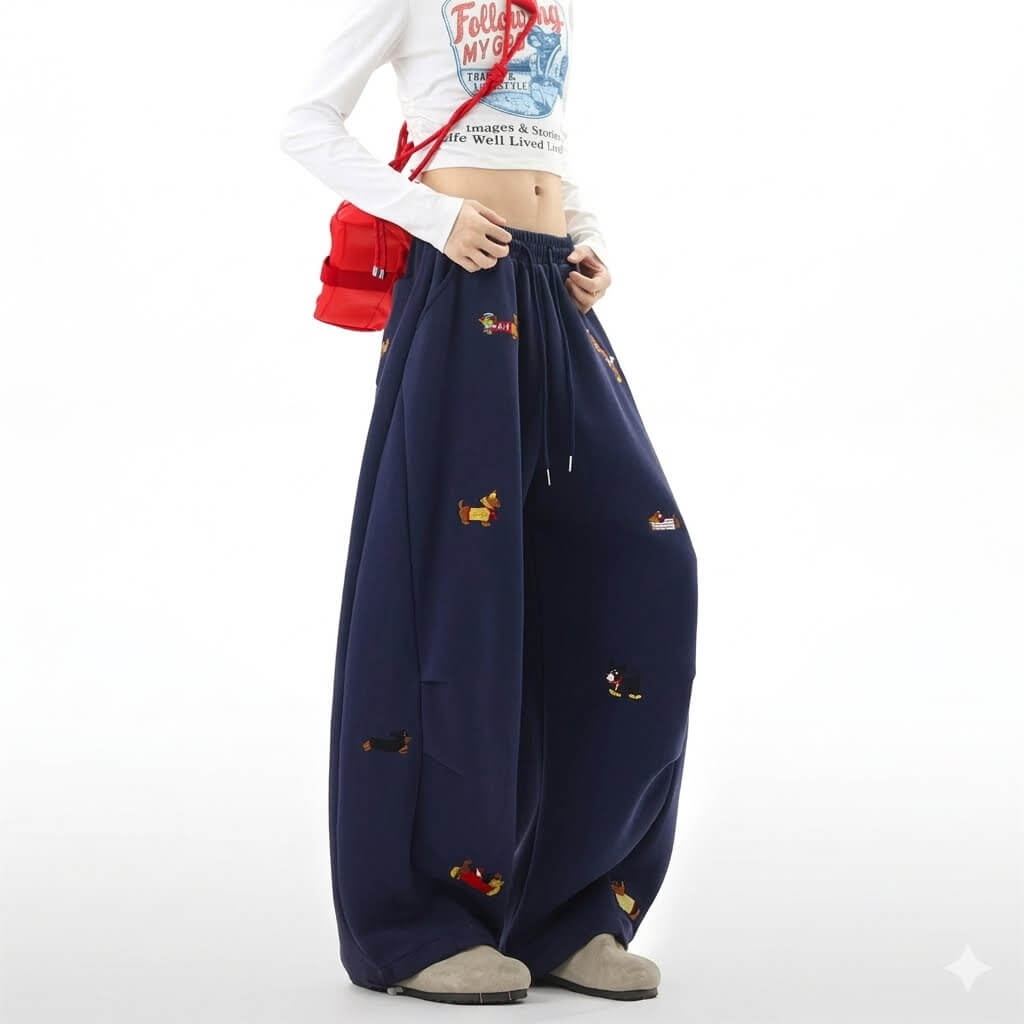 Retro Fashion Sausage Dog Embroidery Sweatpants Women Spring Casual Wide Leg Pants Japanese Style Loose Fit Straight Joggers Plus Size Couple Long Trousers
