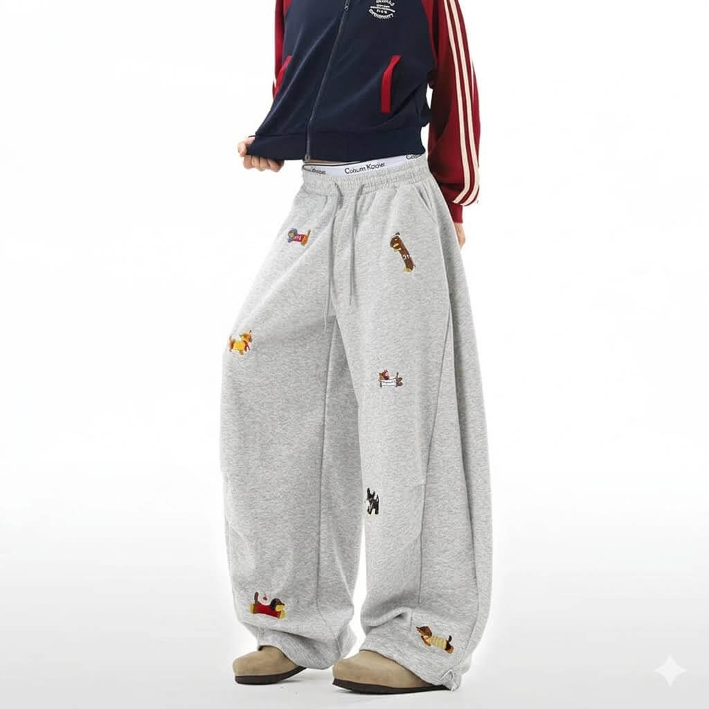 Retro Fashion Sausage Dog Embroidery Sweatpants Women Spring Casual Wide Leg Pants Japanese Style Loose Fit Straight Joggers Plus Size Couple Long Trousers