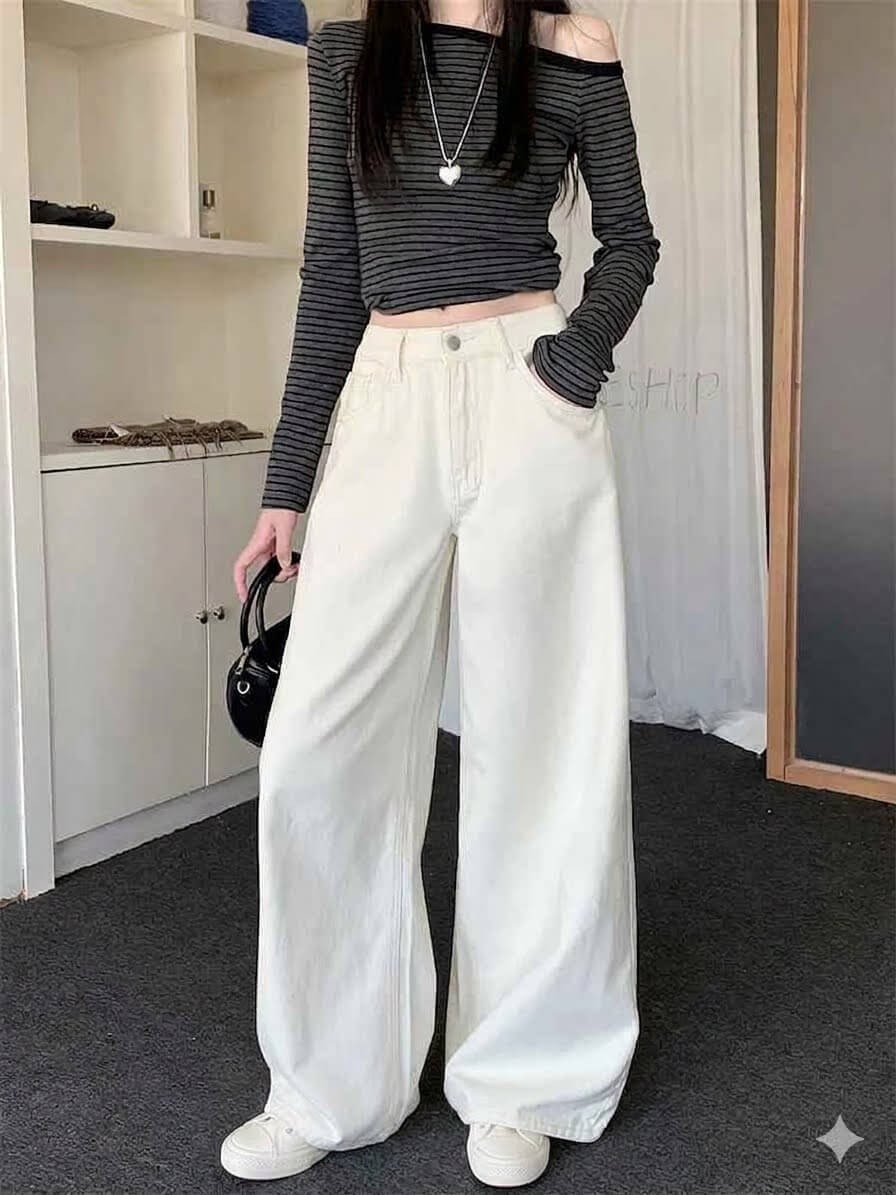 Korean Chic Milk White Jeans - Women's Baggy Wide-Leg Denim Pants, Spring Summer 2026 Loose Straight Trousers, High Rise Casual Slouchy Style