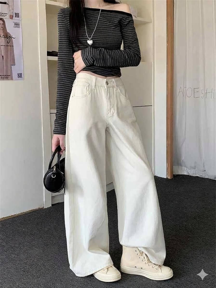 Korean Chic Milk White Jeans - Women's Baggy Wide-Leg Denim Pants, Spring Summer 2026 Loose Straight Trousers, High Rise Casual Slouchy Style