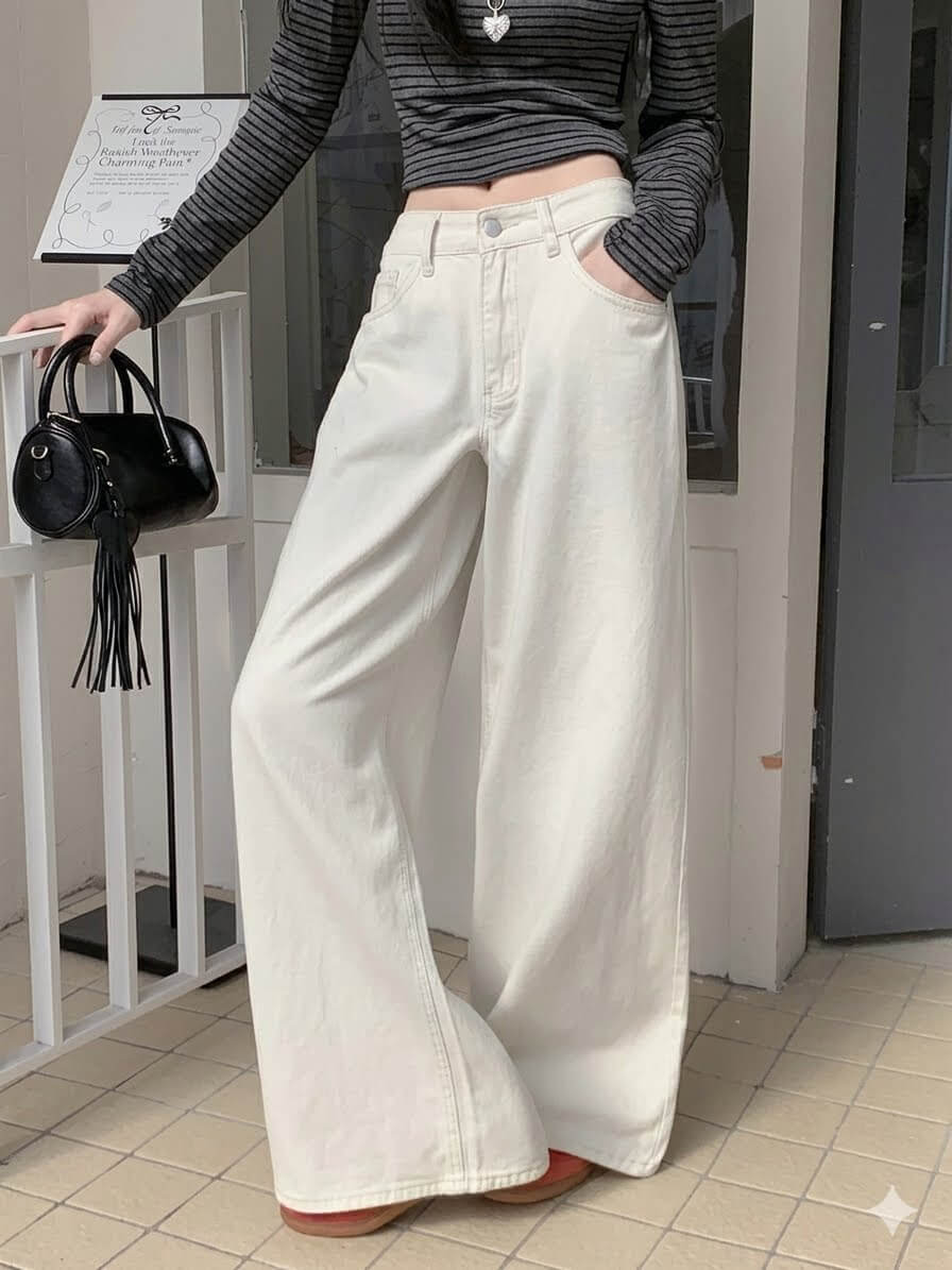 Korean Chic Milk White Jeans - Women's Baggy Wide-Leg Denim Pants, Spring Summer 2026 Loose Straight Trousers, High Rise Casual Slouchy Style