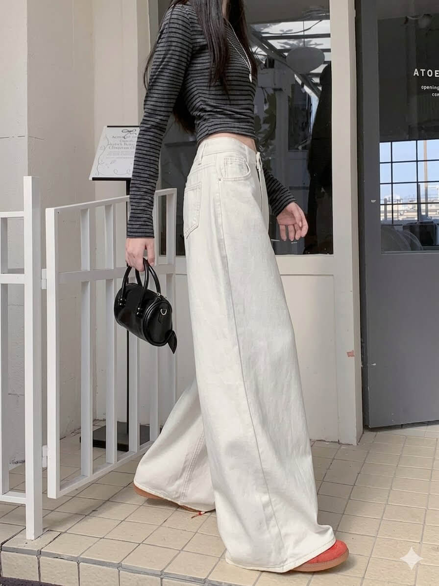 Korean Chic Milk White Jeans - Women's Baggy Wide-Leg Denim Pants, Spring Summer 2026 Loose Straight Trousers, High Rise Casual Slouchy Style