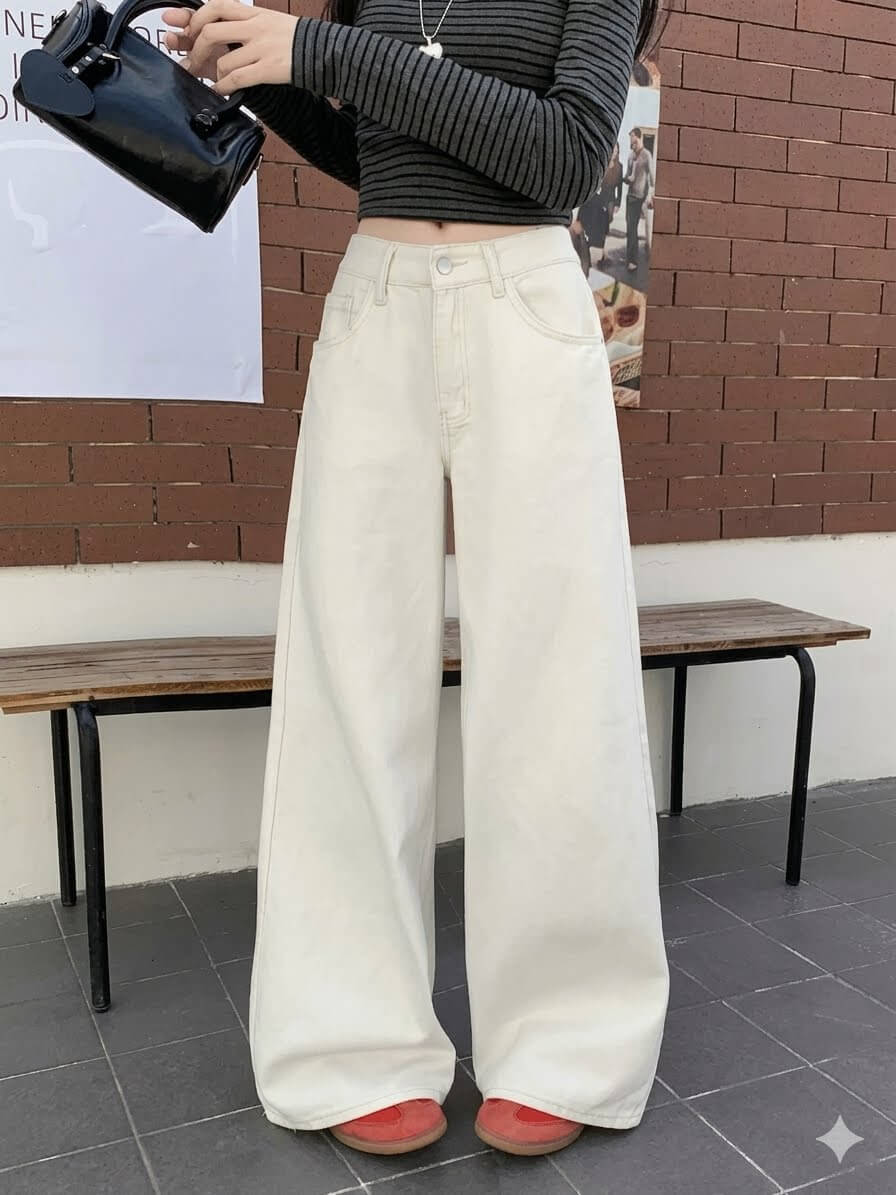 Korean Chic Milk White Jeans - Women's Baggy Wide-Leg Denim Pants, Spring Summer 2026 Loose Straight Trousers, High Rise Casual Slouchy Style