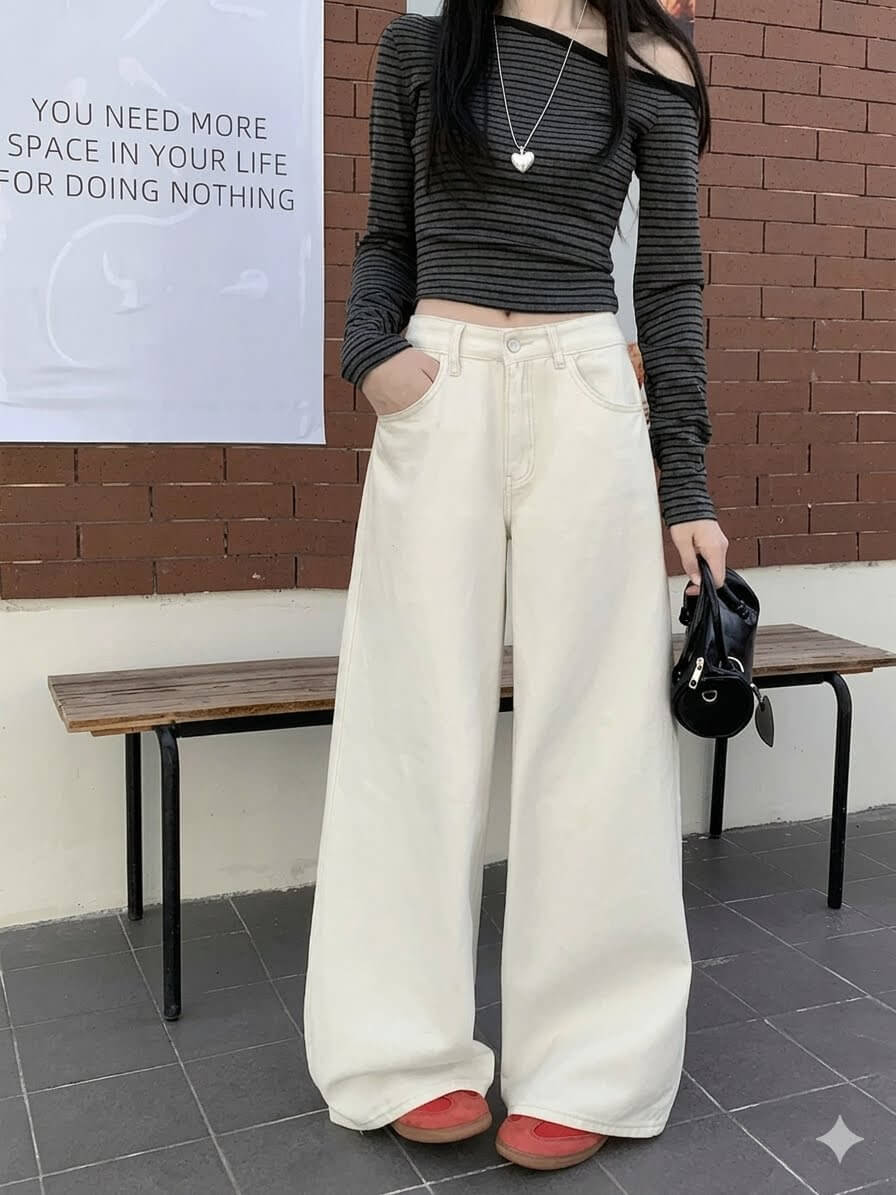 Korean Chic Milk White Jeans - Women's Baggy Wide-Leg Denim Pants, Spring Summer 2026 Loose Straight Trousers, High Rise Casual Slouchy Style