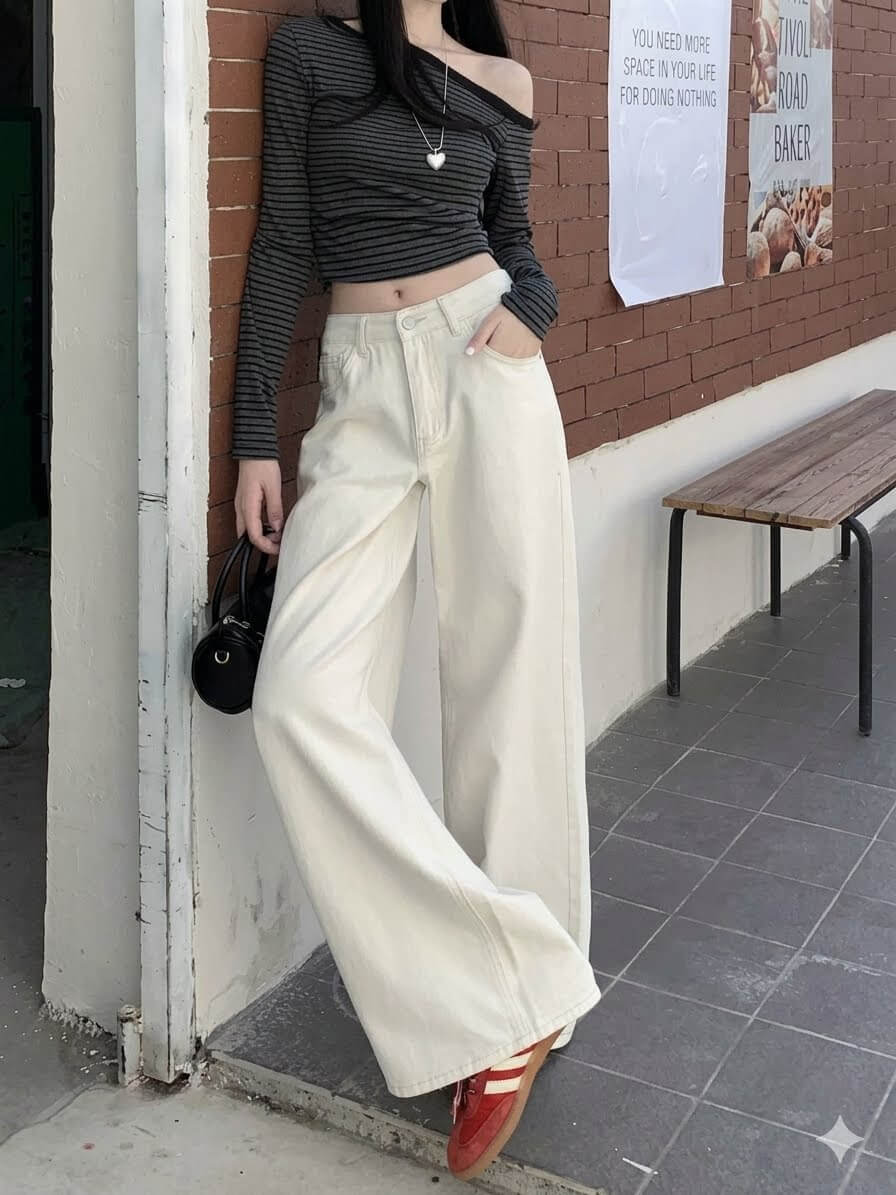 Korean Chic Milk White Jeans - Women's Baggy Wide-Leg Denim Pants, Spring Summer 2026 Loose Straight Trousers, High Rise Casual Slouchy Style