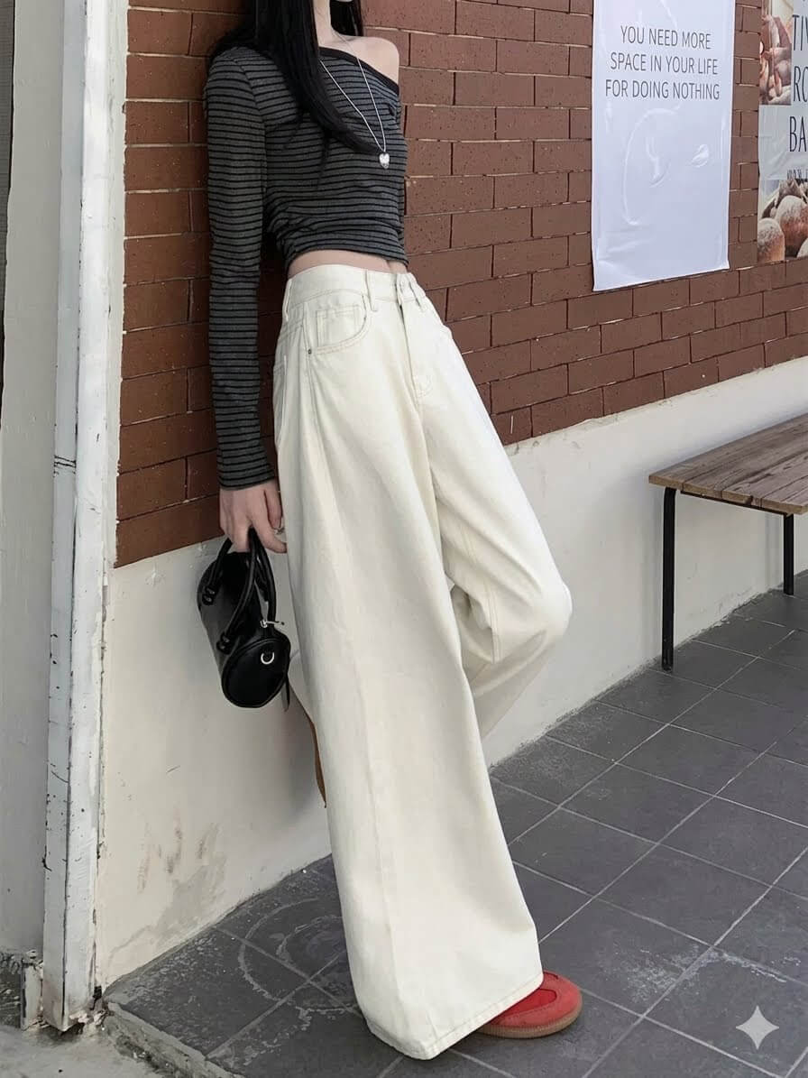 Korean Chic Milk White Jeans - Women's Baggy Wide-Leg Denim Pants, Spring Summer 2026 Loose Straight Trousers, High Rise Casual Slouchy Style