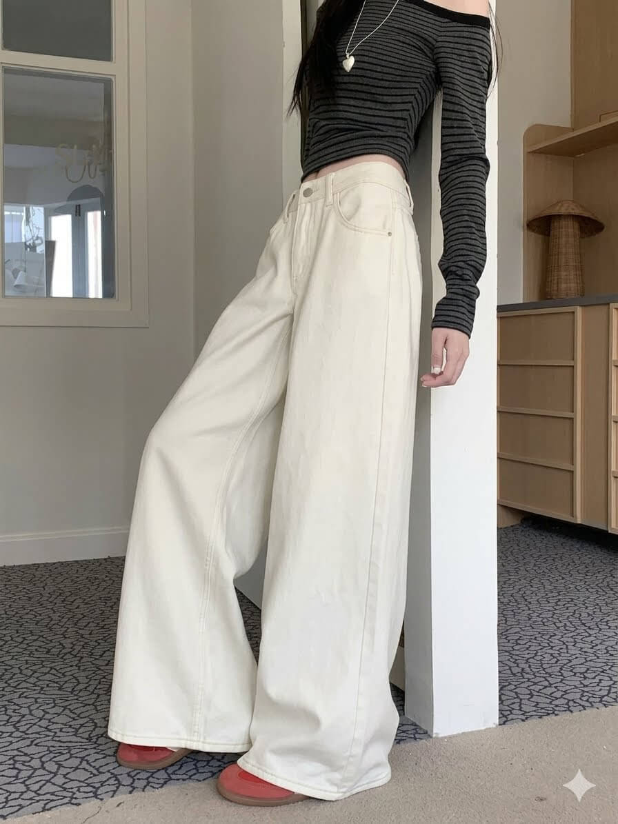 Korean Chic Milk White Jeans - Women's Baggy Wide-Leg Denim Pants, Spring Summer 2026 Loose Straight Trousers, High Rise Casual Slouchy Style