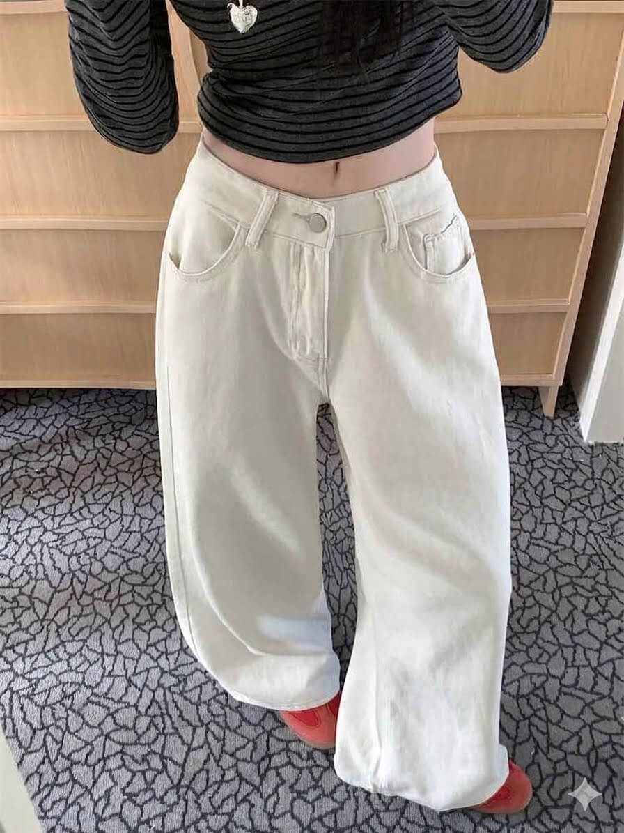 Korean Chic Milk White Jeans - Women's Baggy Wide-Leg Denim Pants, Spring Summer 2026 Loose Straight Trousers, High Rise Casual Slouchy Style