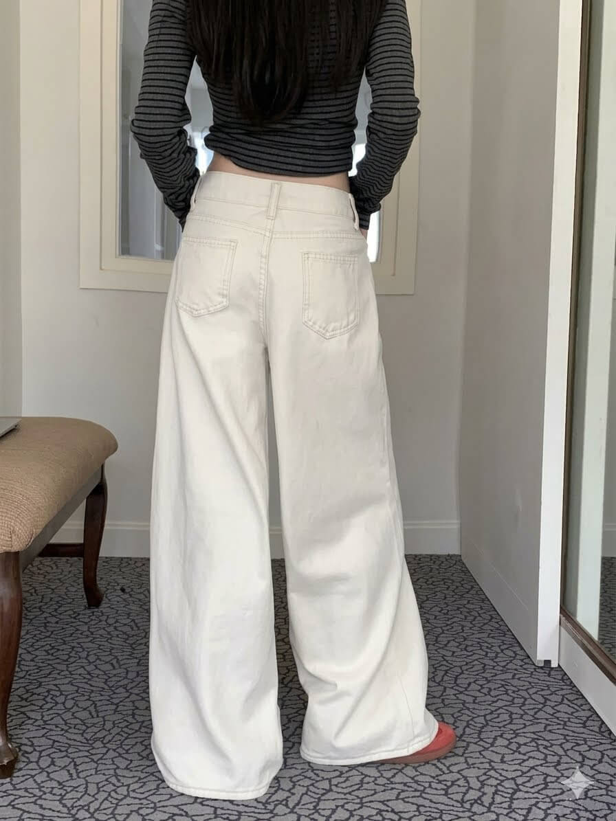 Korean Chic Milk White Jeans - Women's Baggy Wide-Leg Denim Pants, Spring Summer 2026 Loose Straight Trousers, High Rise Casual Slouchy Style