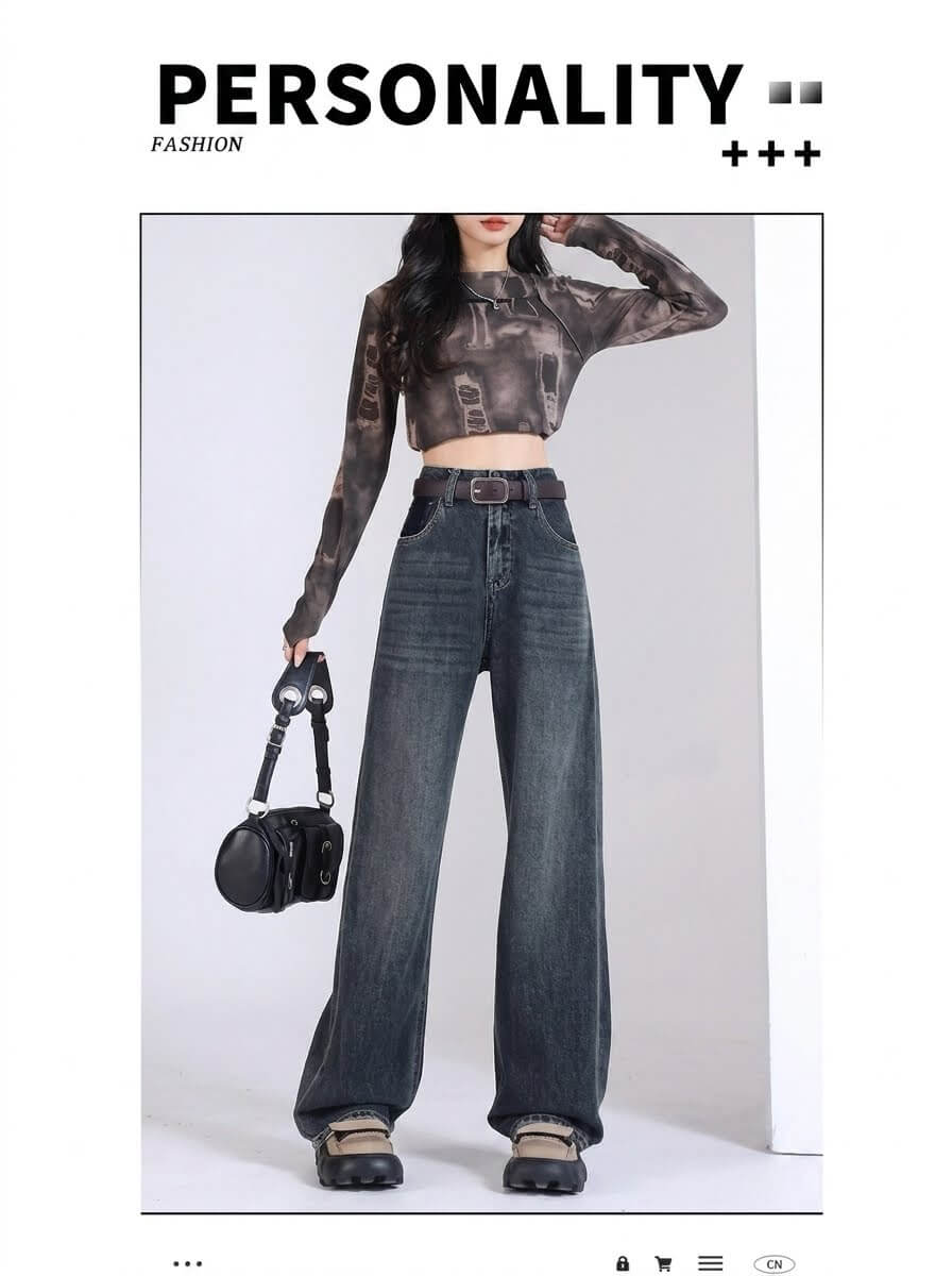 Women's Destroyed Baggy Jeans - High Waisted Wide Leg Denim Pants, Vintage Light Blue Straight Loose Fit Trousers, 2026 Autumn New Design