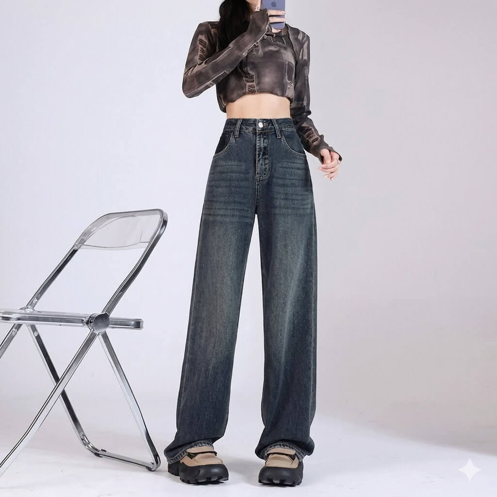 Women's Destroyed Baggy Jeans - High Waisted Wide Leg Denim Pants, Vintage Light Blue Straight Loose Fit Trousers, 2026 Autumn New Design