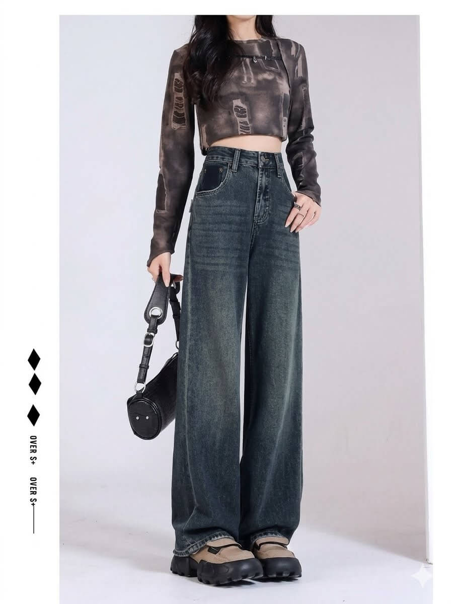 Women's Destroyed Baggy Jeans - High Waisted Wide Leg Denim Pants, Vintage Light Blue Straight Loose Fit Trousers, 2026 Autumn New Design