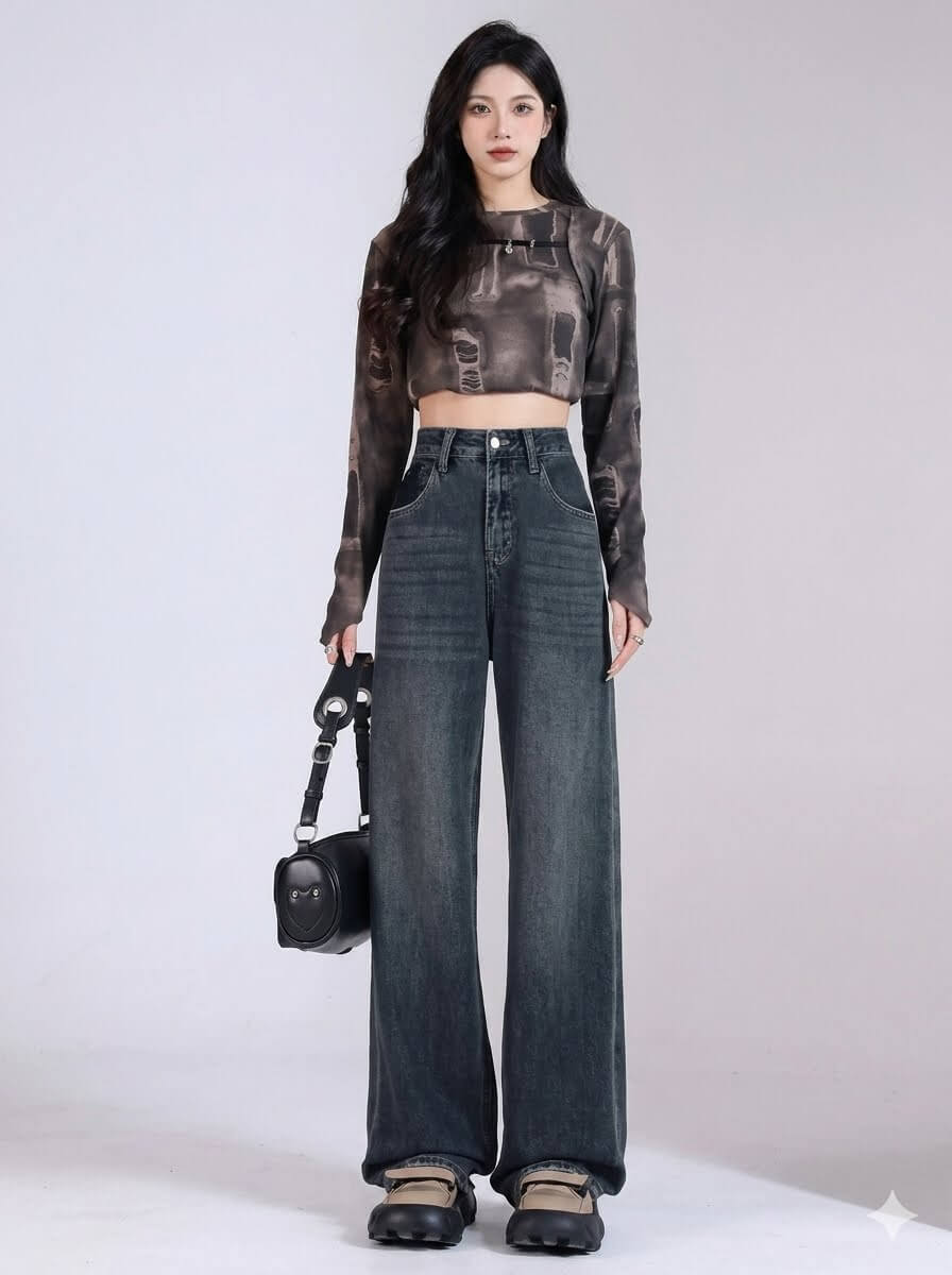 Women's Destroyed Baggy Jeans - High Waisted Wide Leg Denim Pants, Vintage Light Blue Straight Loose Fit Trousers, 2026 Autumn New Design