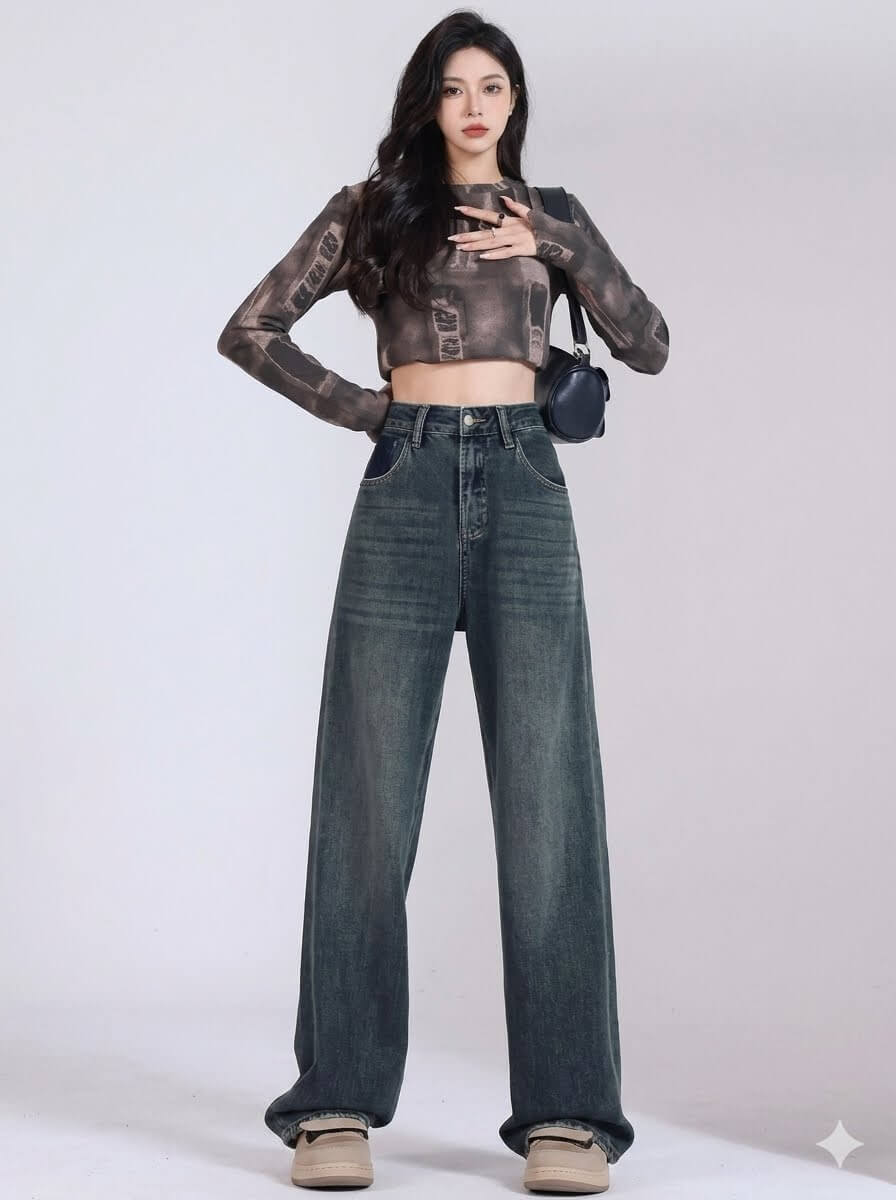 Women's Destroyed Baggy Jeans - High Waisted Wide Leg Denim Pants, Vintage Light Blue Straight Loose Fit Trousers, 2026 Autumn New Design