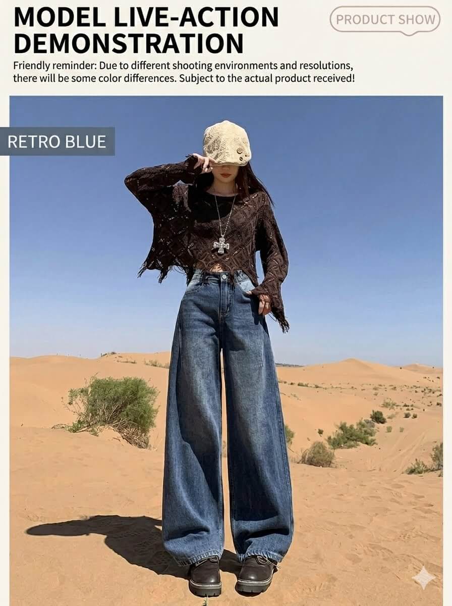 Women's High-Waisted Curved Leg Jeans - Slimming Wide Leg Denim Trousers, Retro Loose Floor Length Pants with Unique Back Pockets