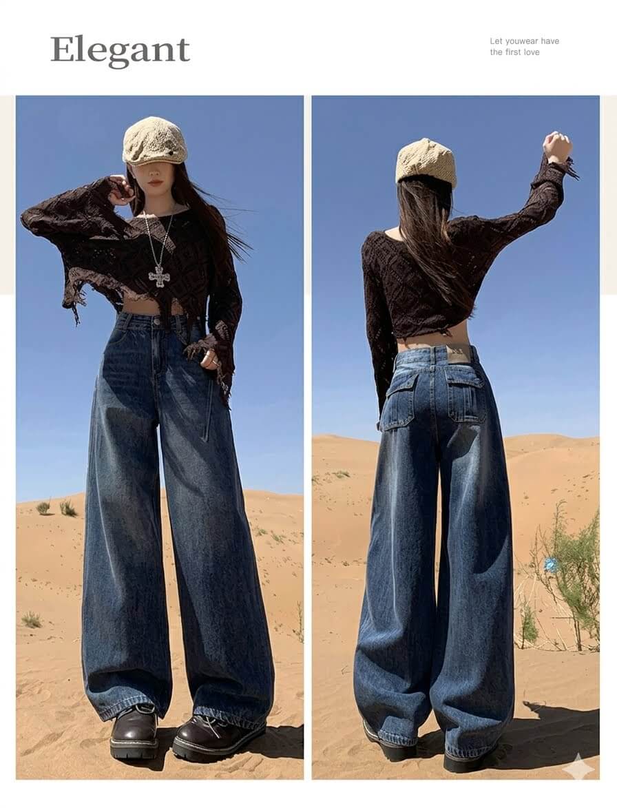 Women's High-Waisted Curved Leg Jeans - Slimming Wide Leg Denim Trousers, Retro Loose Floor Length Pants with Unique Back Pockets