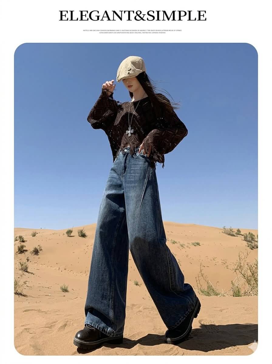 Women's High-Waisted Curved Leg Jeans - Slimming Wide Leg Denim Trousers, Retro Loose Floor Length Pants with Unique Back Pockets