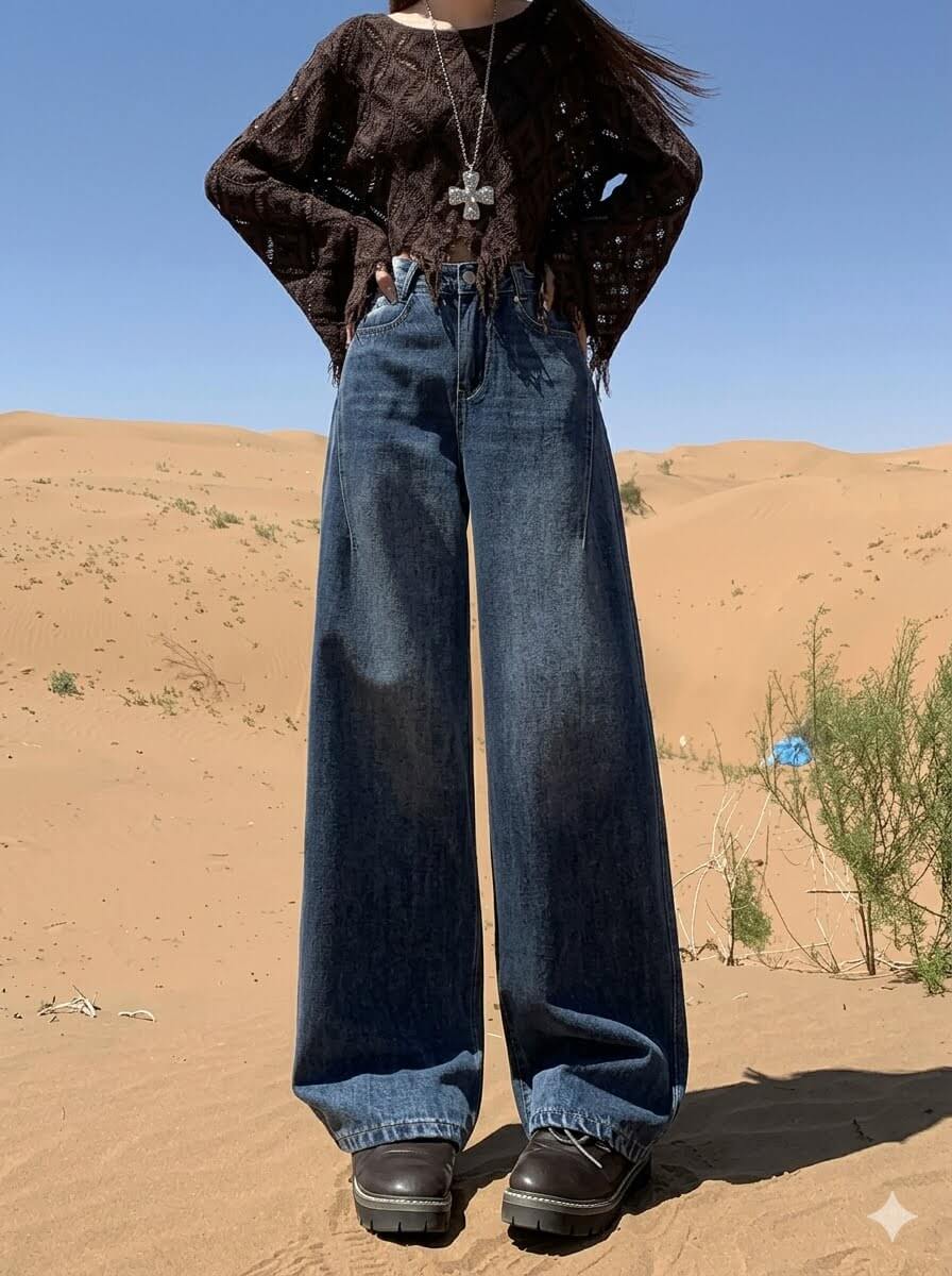 Women's High-Waisted Curved Leg Jeans - Slimming Wide Leg Denim Trousers, Retro Loose Floor Length Pants with Unique Back Pockets