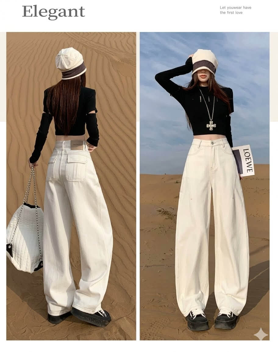 Women's High-Waisted Curved Leg Jeans - Slimming Wide Leg Denim Trousers, Retro Loose Floor Length Pants with Unique Back Pockets